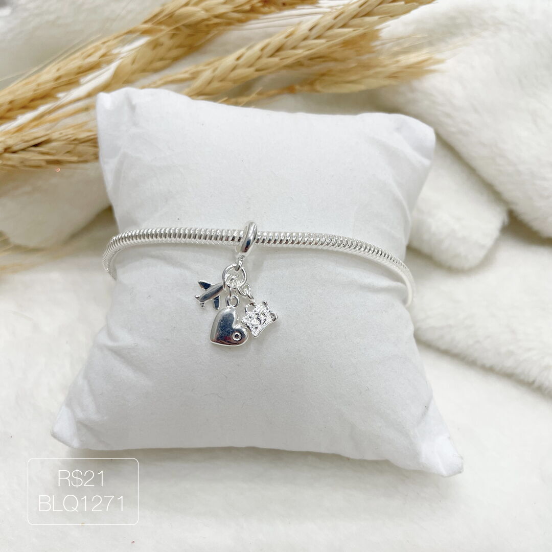 Berloque Coração + Avião + Mala Liso Prateado